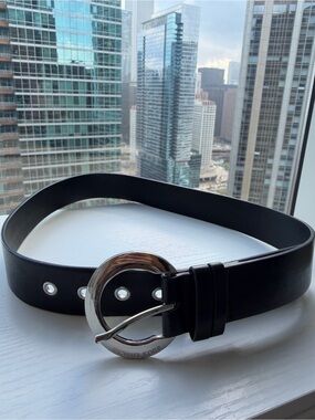 Michael Kors Black Leather Belt with Silver Circular Buckle